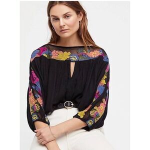 Free People Galina Black Embroidered Mesh Sleeve Boho Peasant Blouse Top S